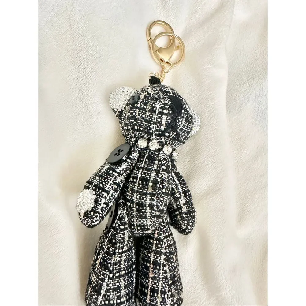 Glamorous tweed black and white plush teddy bear with rhinestone detail